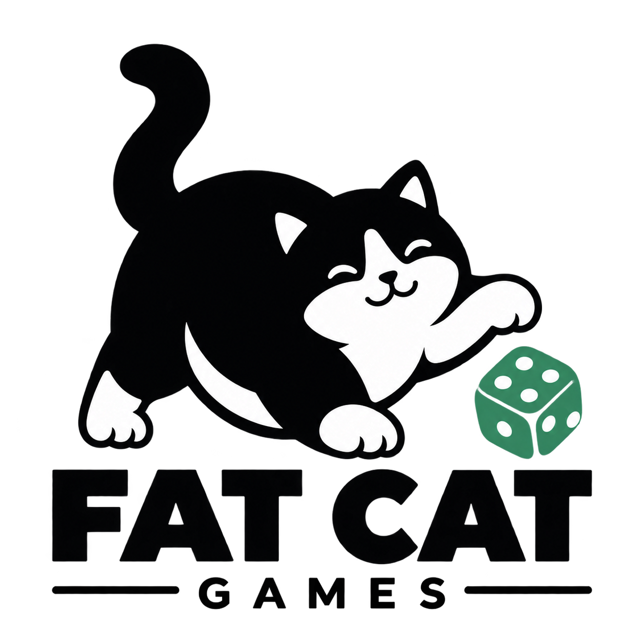 Fat Cat Games — czarny kot bawiący się zieloną kostką